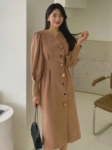 DAZY Plicated Detail Button Front Puff Sleeve Dress - Orange - View 1