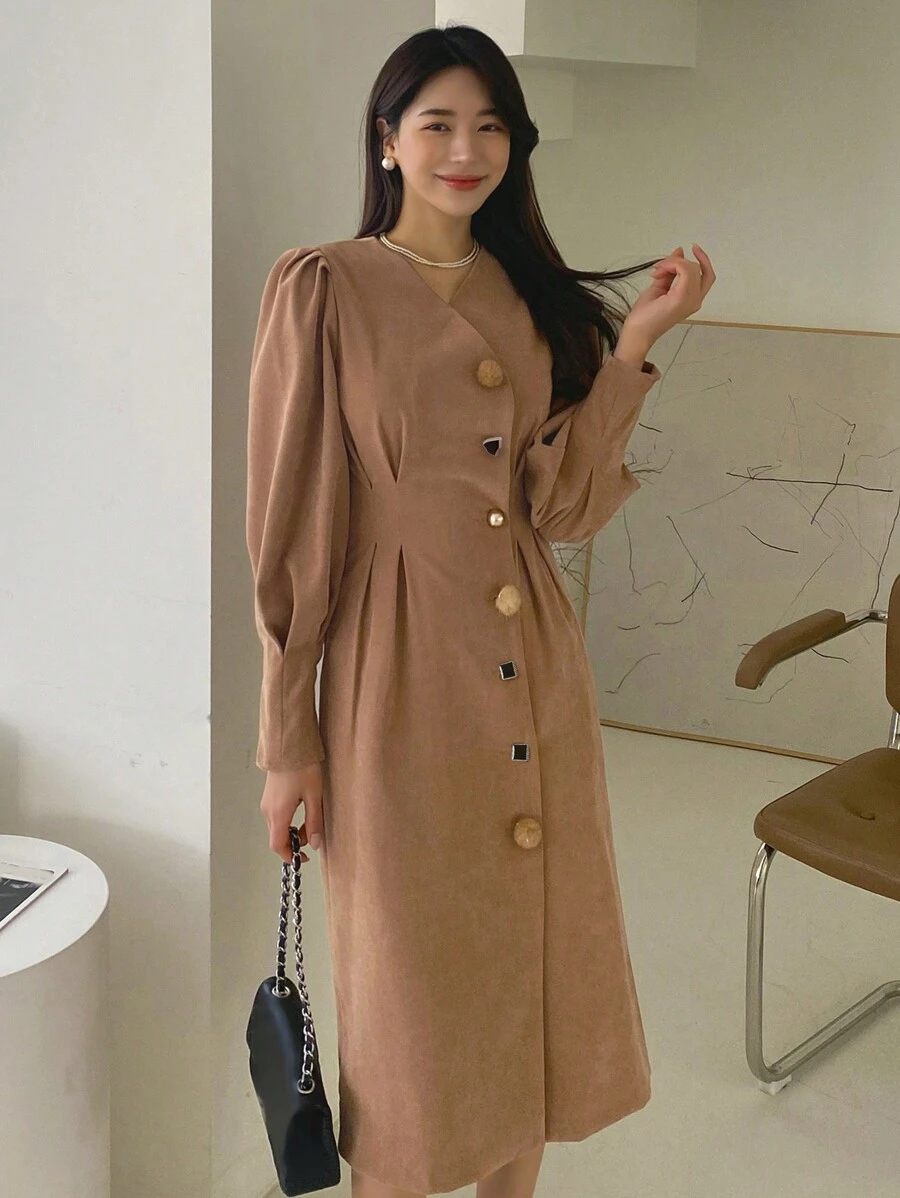 DAZY Plicated Detail Button Front Puff Sleeve Dress - Orange - View 1