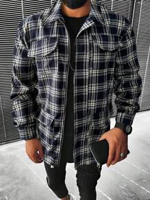 Manfinity Homme Men Plaid Print Flap Pocket Zip Up Shacket - Multicolor - View 3