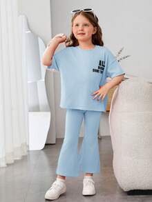 SHEIN 女小童標語圖案落肩T恤&喇叭褲 - 藍色 - 查看 6