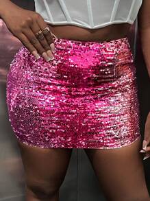 Slaydiva High Waist Sequin Bodycon Skirt - Hot Pink - View 4