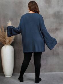 SHEIN LUNE Plus Pointelle Knit Drop Shoulder Sweater - Blue - View 4
