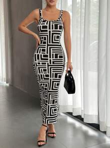 SHEIN Privé Allover Print Tank Bodycon Dress - Black and White - View 4