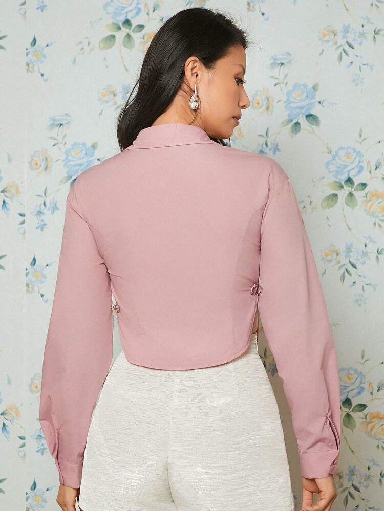 Solid Button Front Curved Hem Shirt