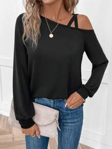 SHEIN LUNE Women's Casual Comfort Text I Love Paris Raglan Sleeve T-Shirt With Cross Straps And Cuffs - Black - View 5