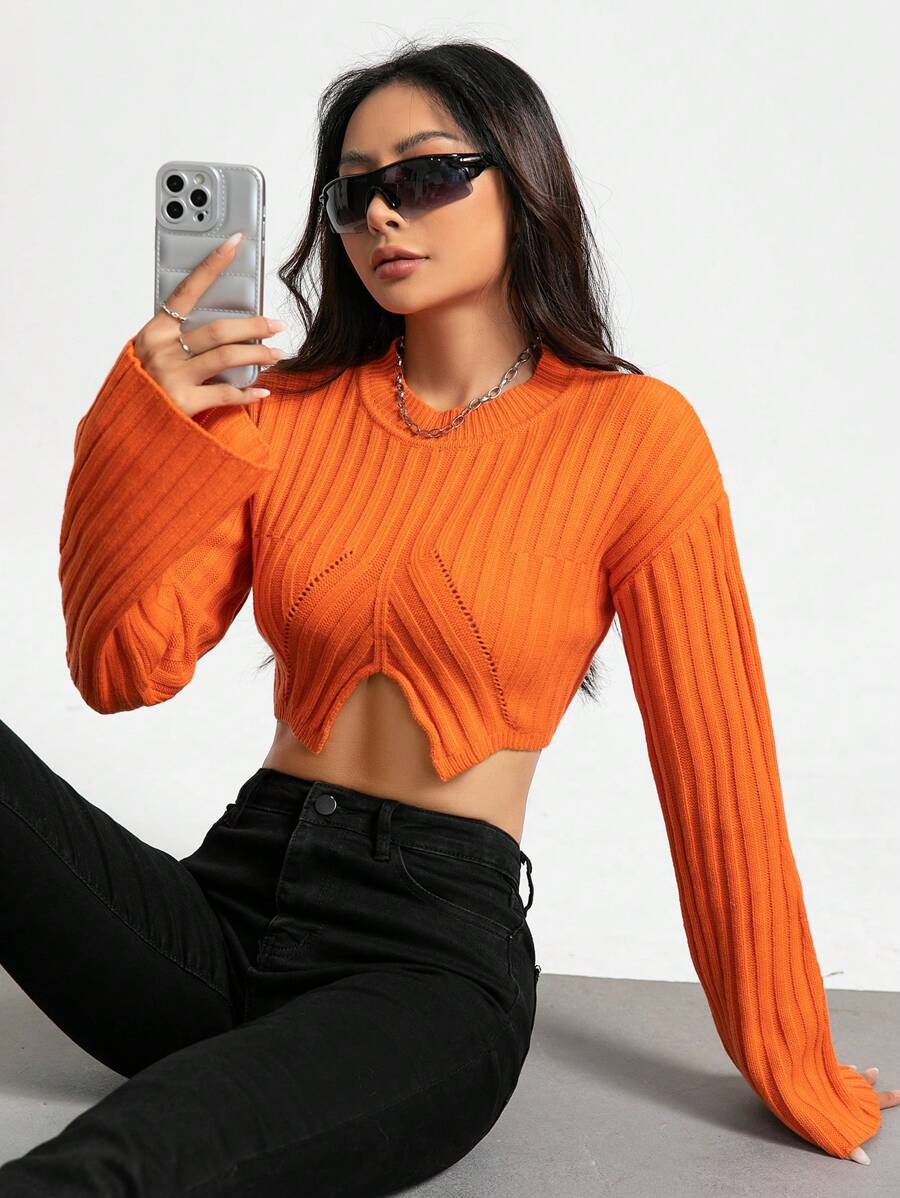 Flirla Áo len chui đầu dáng ngắn, vạt không đối xứng, màu trơn, thích hợp cho mùa thu đông. - trái cam - Xem 1