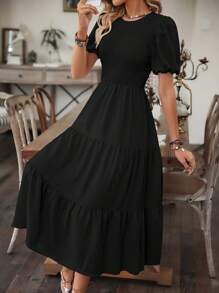 EMERY ROSE Solid Ruffle Hem A-Line Dress Maxi Vacation Beach Outfits Women - Black - View 3