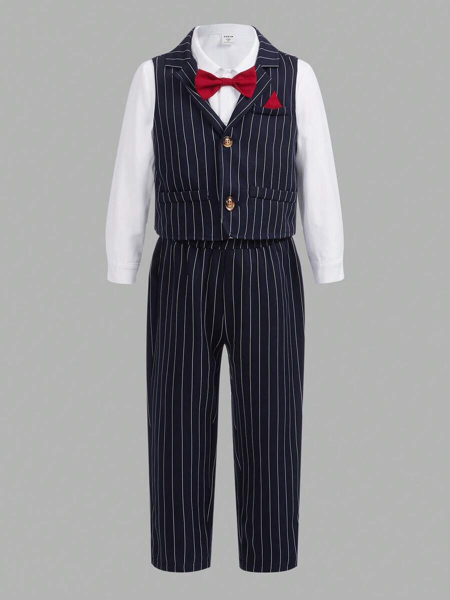 男小童條紋圖案西裝外套背心和褲子&前蝴蝶結襯衫 - 彩色 - 查看 1