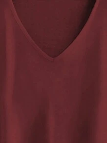 SHEIN LUNE Solid Batwing Sleeve V Neck Tee - Red - View 3