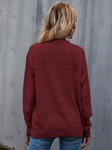 SHEIN LUNE Solid Drop Shoulder Sweater,Long Sleeve Tops Knit Pullover Fall Winter Outfit - Burgundy - View 2