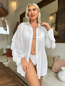 荷葉邊腰帶前紐扣荷葉邊和服罩衫 - 白色 - 查看 4