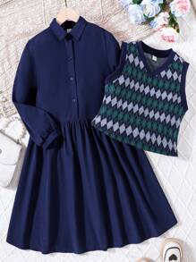 SHEIN 女大童菱形印花背心上衣和洋裝 - 彩色 - 查看 4