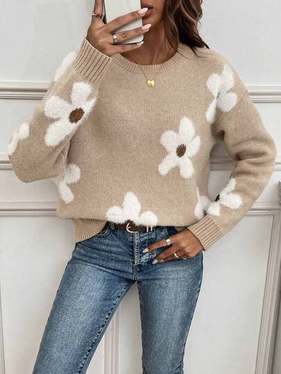 EMERY ROSE Floral Pattern Drop Shoulder Sweater,Long Sleeve Tops Knit Pullover Fall Winter Sweater