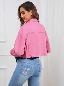 SHEIN Maternity Drop Shoulder Ripped Raw Hem Denim Jacket - Pink - View 2