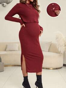 SHEIN Maternity Solid Split Thigh Nursing Dress - Burgundy - View 1