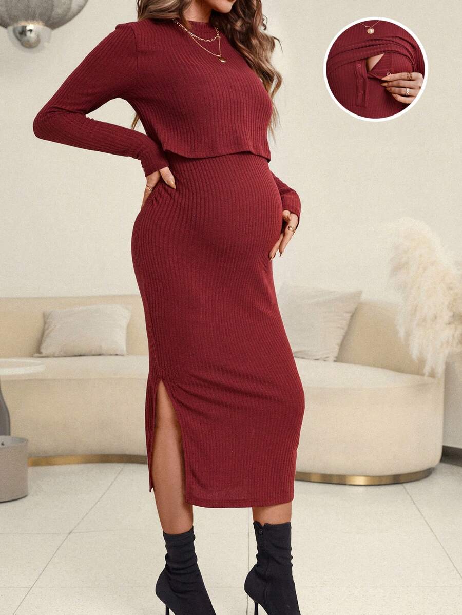 SHEIN Maternity Solid Split Thigh Nursing Dress - Burgundy - View 1