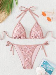 Floral Lace Halter Triangle Tie Side Bikini Set - Dusty Pink - View 1
