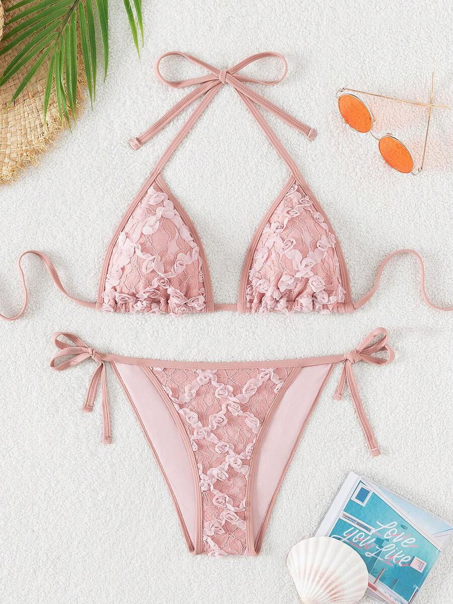 Floral Lace Halter Triangle Tie Side Bikini Set - Dusty Pink - View 1