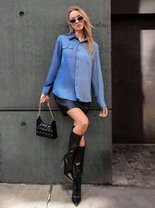 SHEIN Essnce 翻蓋口袋前紐扣襯衫 - 藍色 - 查看 4