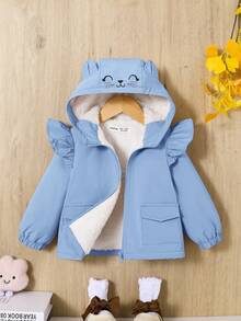 SHEIN 女嬰卡通圖案荷葉邊毛絨內襯連帽夾克 - 藍色 - 查看 4