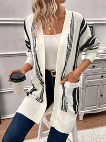 SHEIN LUNE Striped Pattern Dual Pocket Drop Shoulder Duster Cardigan - Black and White - View 5