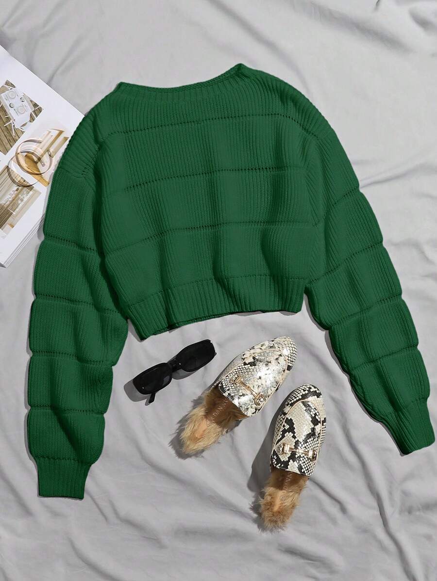Franclia Ribbed Knit Solid Crop Sweater,Long Sleeve Tops Knit Pullover Fall Winter Sweater - Green - View 1