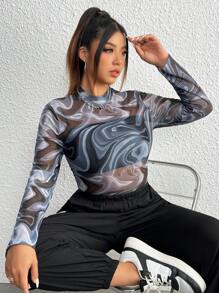 SHEIN EZwear Plus Marble Print Mock Neck Mesh Bodysuit Without Bra