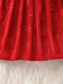 SHEIN Baby Girl Gigot Sleeve Tee & Bow Front Frill Trim Dress for Christmas - Red - View 3