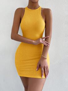 VaVaBold Solid Waffle Knit Bodycon Dress - Yellow - View 3