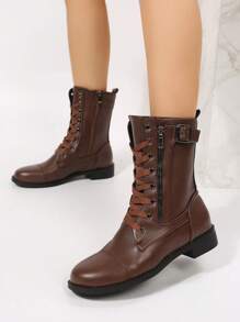 新款时尚舒适女士中筒系带休闲靴 - 棕色 - 查看 3
