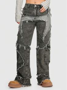 ROMWE Grunge Punk Raw Trim Flap Pocket Side Cargo Boy Friend Jeans, School