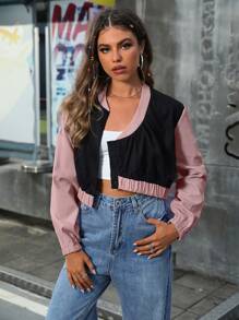 SHEIN Unity Colorblock Asymmetrical Hem Crop Jacket - Multicolor - View 5