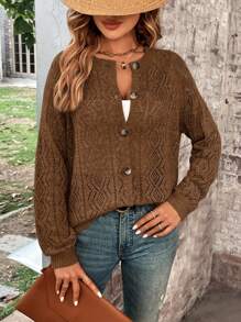 SHEIN LUNE 1pc Pointelle Knit Raglan Sleeve Cardigan,Long Sleeve Tops In Fall/Winter