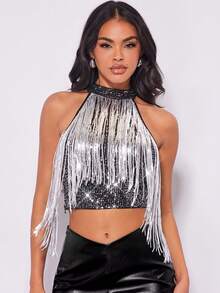 SHEIN BAE Christmas Fringe Trim Crop Sequin Halter Top - Black - View 4