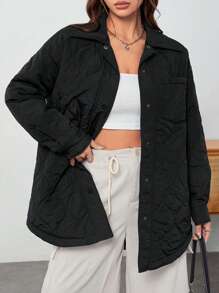 SHEIN EZwear Drop Shoulder Quilted Coat - Black - View 1