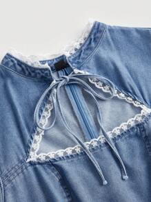 SHEIN MOD Contrast Lace Cut Out Front Denim Dress - Light Wash - View 4