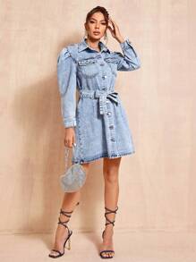 SHEIN BAE 翻蓋口袋腰帶牛仔洋裝 - 中等水洗藍 - 查看 5