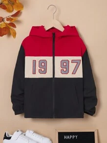 SHEIN Teenager Junge Jacke mit Nummer Grafik, Farbblock, Thermal Futter, Kapuze,