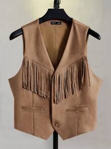 GENTILAND Men Fringe Trim Suedette Vest Jacket - Brown - View 1