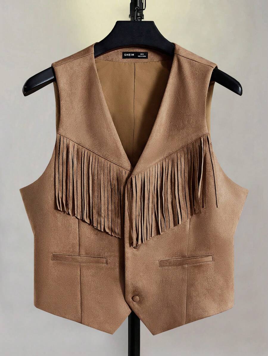 GENTILAND Men Fringe Trim Suedette Vest Jacket - Brown - View 1