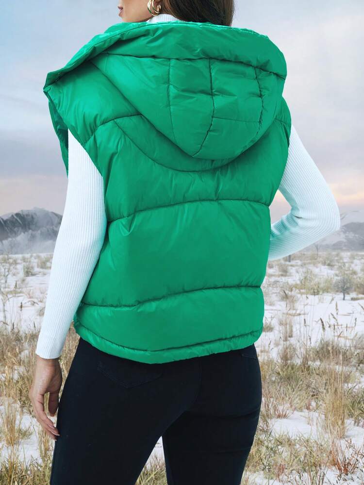 Flap Pocket Hooded Puffer Vest Coat
