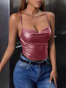 SHEIN PETITE 垂領褶邊PU皮革吊帶連體衣 - 紅色 - 查看 4