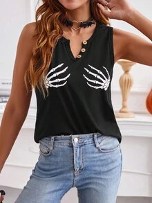 SHEIN LUNE 骷髏手掌圖案缺口領背心上衣 - 黑色 - 查看 5