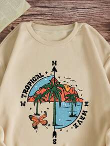SHEIN EZwear Plus Tropical & Letter Graphic Thermal Lined Sweatshirt - Apricot - View 3