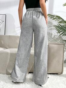 SHEIN Unity Đồ họa Chữ cái Eo dây rút Quần ống rộng - Xám - Xem 2