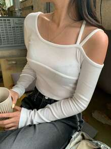 DAZY Chất rắn Cổ không đối xứng Áo thun - trắng - Xem 6