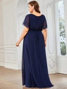 EVERPRETTY Plus Elegant V Neck Pleated Ruffle Sleeves Floor Length Fall Winter Blue Wedding Guest Dresses Bridesmaid Dresses For Party - Navy Blue - View 3