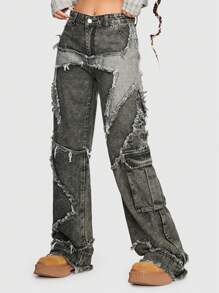 ROMWE Grunge Punk Raw Trim Flap Pocket Side Cargo Boy Friend Jeans, School