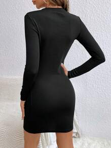 SHEIN Frenchy Plaid Crew Neck Bodycon Dress Without Belt,Wedding Women Dresses,Elegant DressGingham,Teacher Outfits,Date Night Dress Winter Black Spring - Black - View 2