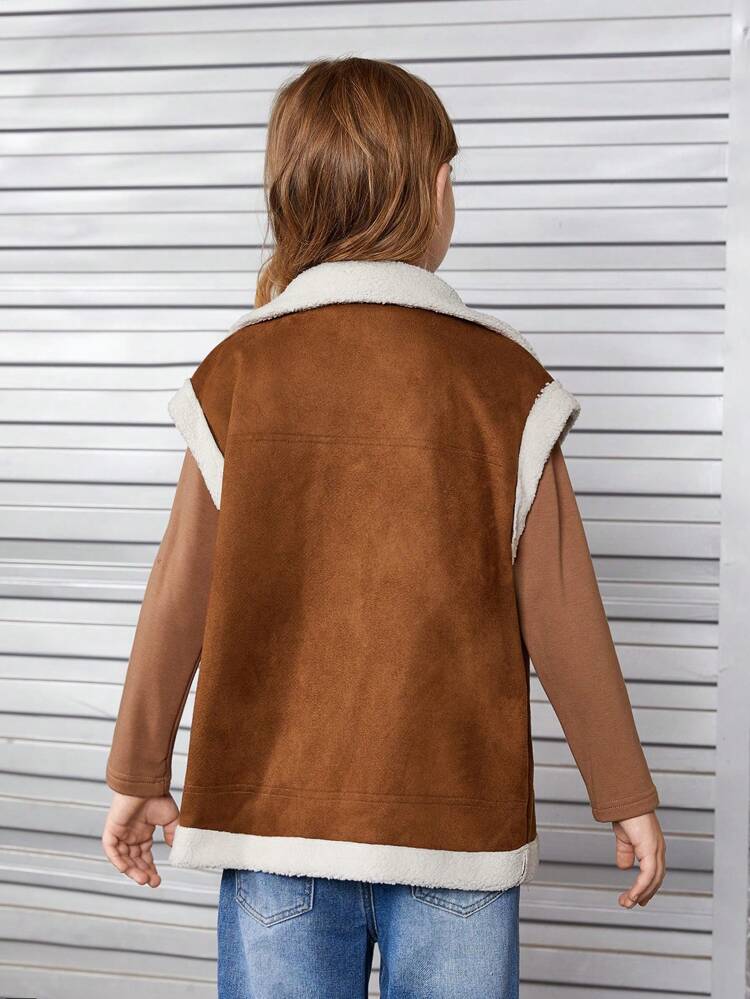 Tween Girl 1pc Zip Up Faux Suede Vest Coat